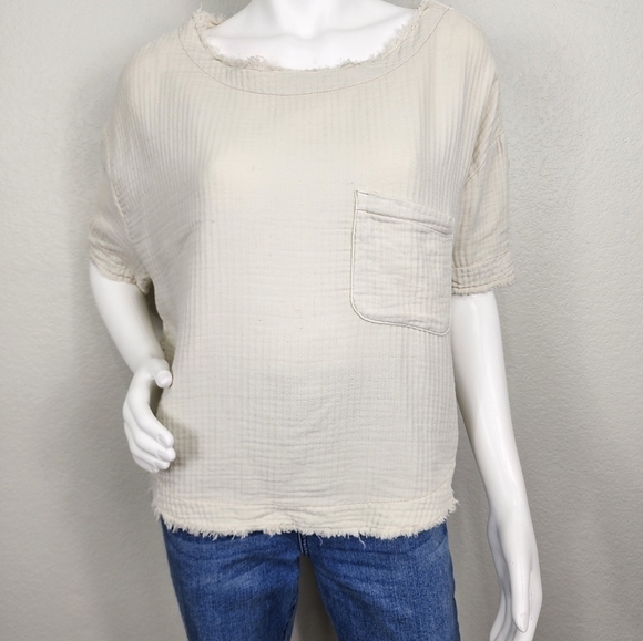 We The Free Oversized Raw Hem Beige Top Size Small - Picture 2 of 16